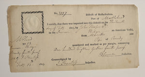 1807 U.S.Customs Certificate For French Brandy, Marblehead Massachusetts