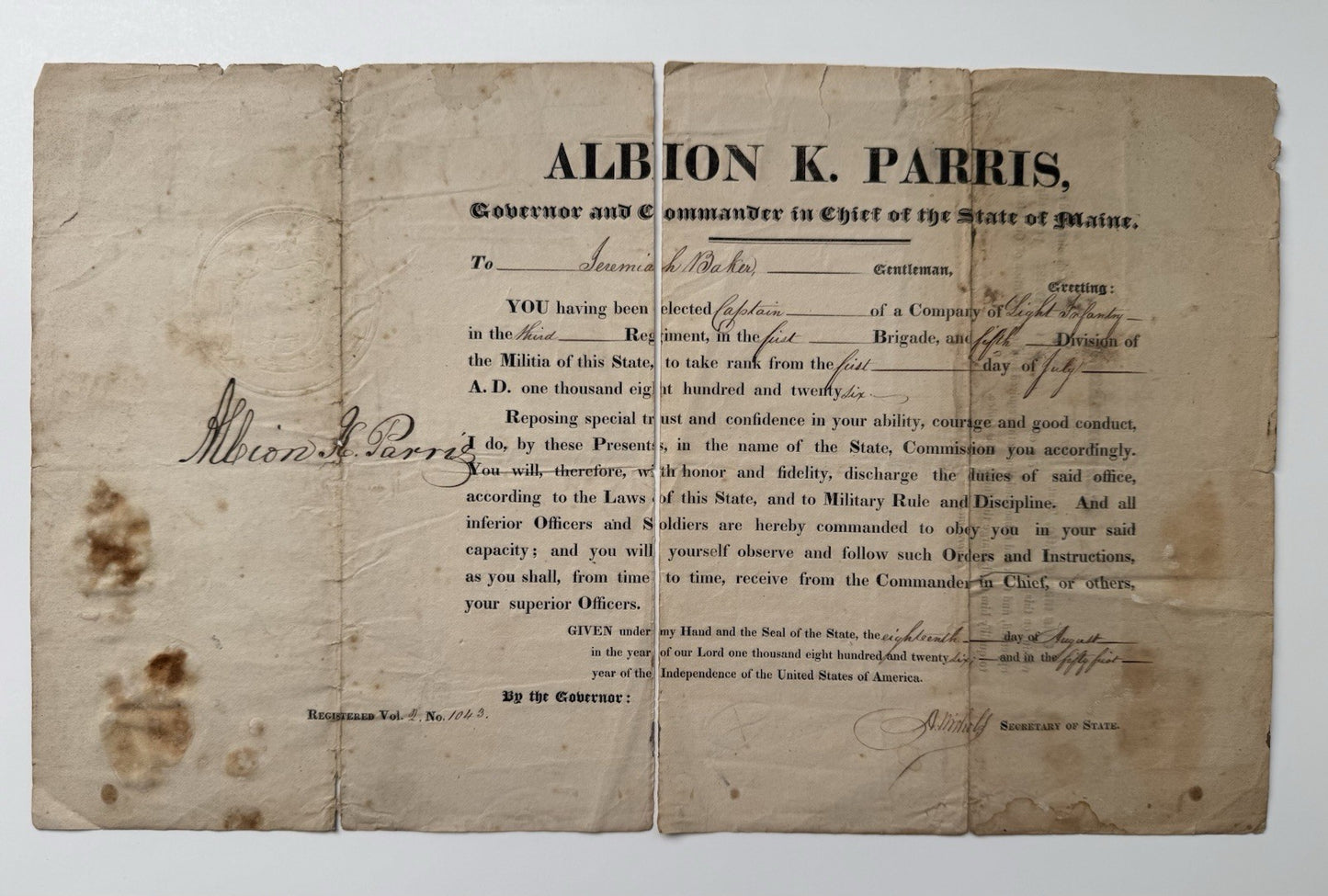 1826 Maine Governor Albion K Parris Signed Commission State Seal 