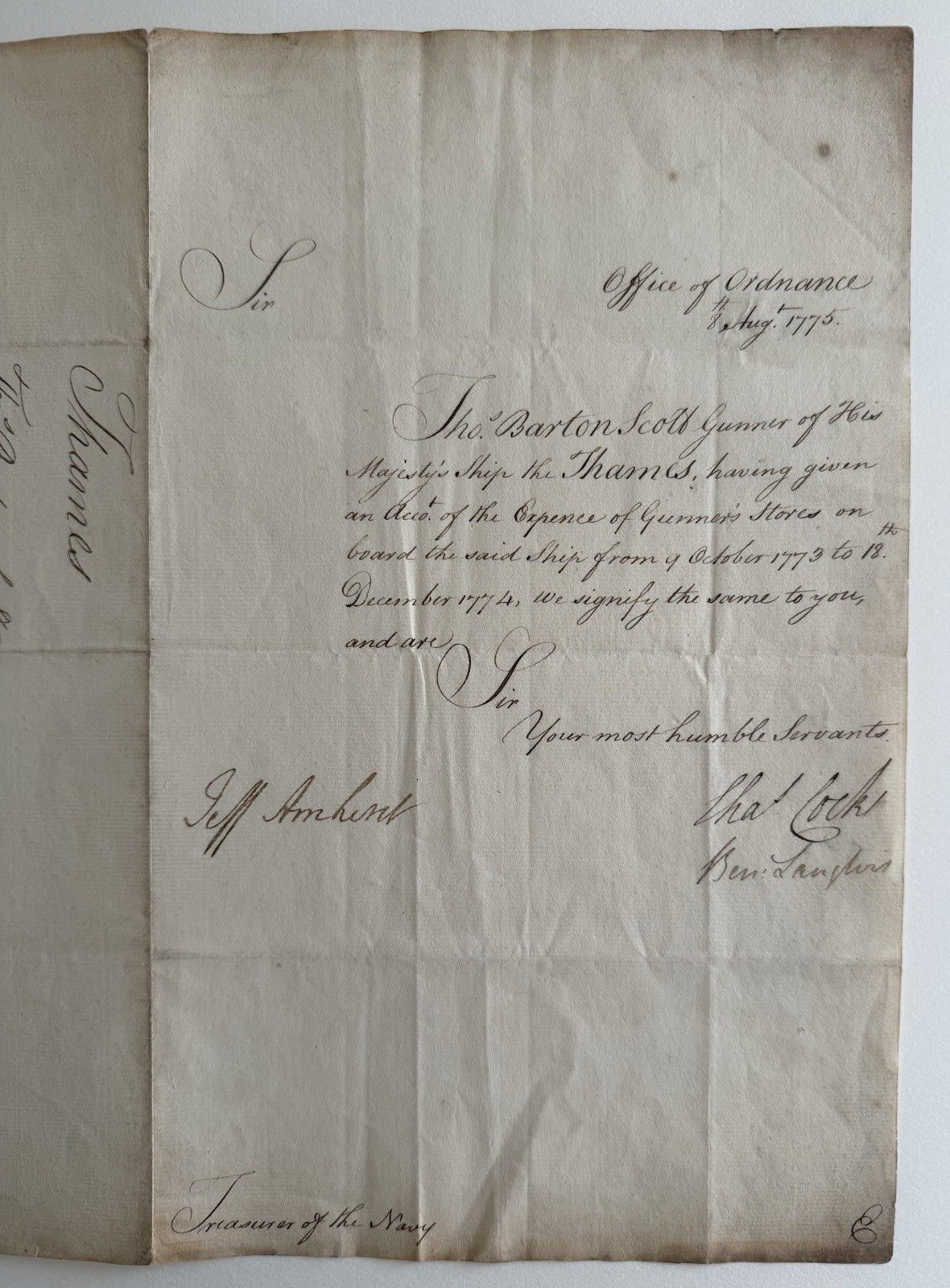 1775 Jeffery Amherst Signed Office Of Ordinance Document - Revolutionary Era 