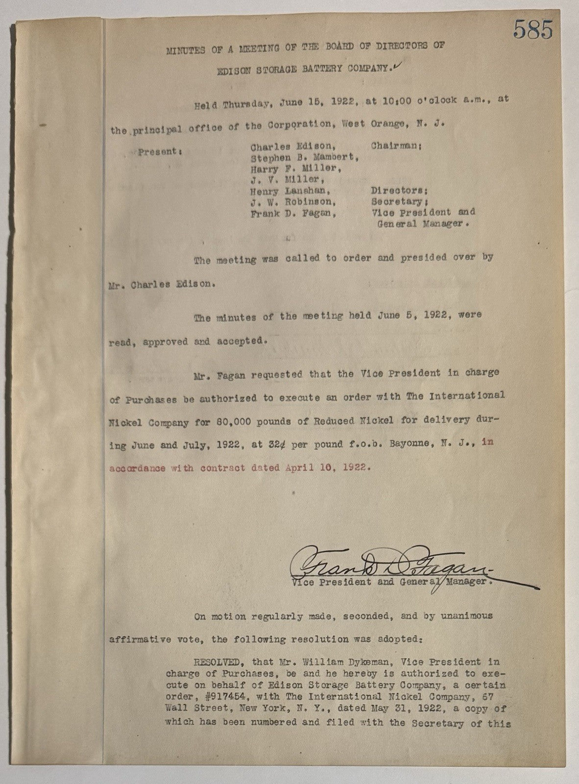 Thomas Edison Signed Storage Battery Co. Board Minutes + Charles Edison 