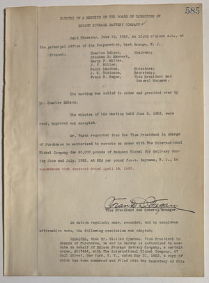 Thomas Edison Signed Storage Battery Co. Board Minutes + Charles Edison