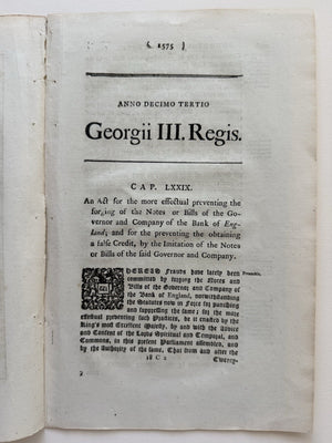 1773 Bank Of England Notes Act - King George III - Anti Counterfeiting Law