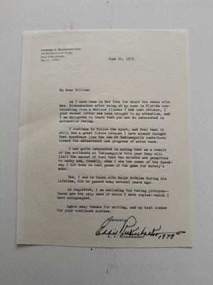 Eddie Rickenbacker Signed Letter Mention Of Indianapolis Speedway
