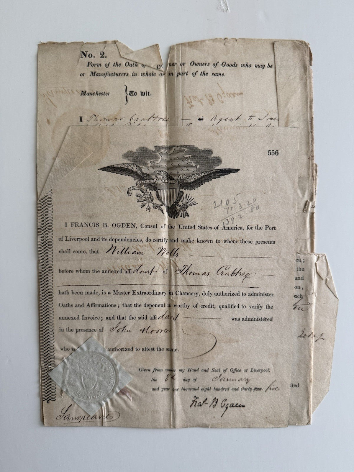 1835 Francis B Ogden Signed U.S. Consular Liverpool Embossed Seal Manchester 