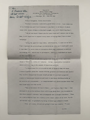 1960 Henry Cabot Lodge Six Page Speech At Republican Convention