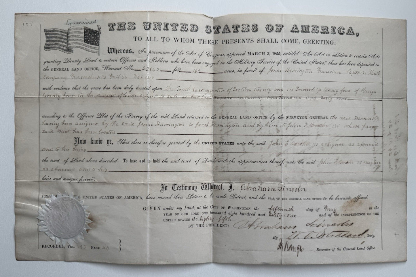 1861 Abraham Lincoln Administration Land Patent 