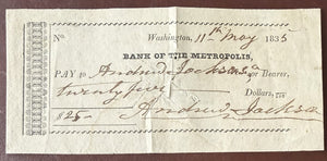 President Andrew Jackson Signed 1835 Bank of Metropolis Washington DC Check