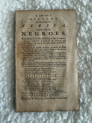 Very Rare 80 Page 1762 Anti-slavery Pamphlet Printed By Dunlap.