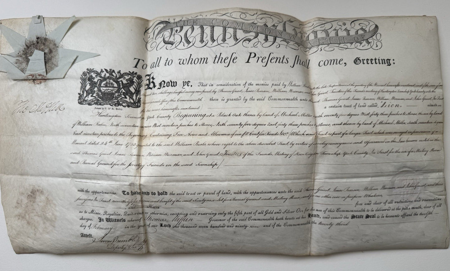 1799 Pennsylvania Thomas Mifflin Land Patent Quaker Meeting York County 