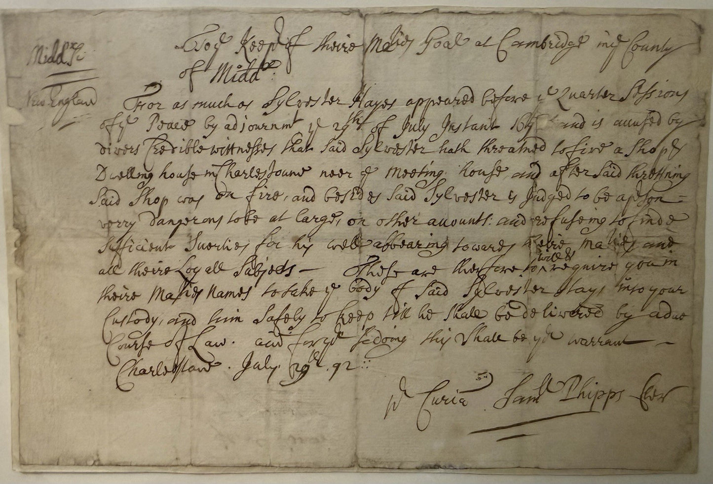 1692 Colonial Massachusetts Jail Warrant Salem Witch Trials Era Charlestown 