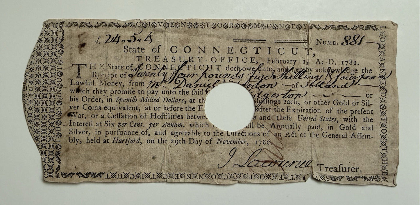 1781 Connecticut Revolutionary War Cessation Bond With Endorsements 
