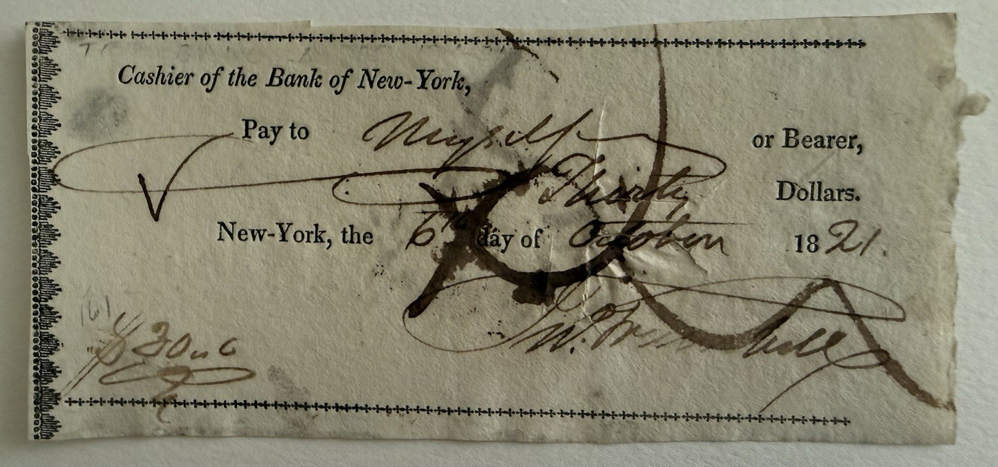 1821 Rare John Trumbull Signed New York Bank Check - Revolutionary War Artist 