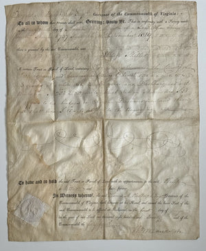 1821 Virginia Land Grant Signed By Governor Randolph