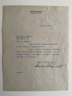 1932 Franklin D Roosevelt Campaign Letter Signed Executive Mansion Albany NY FDR