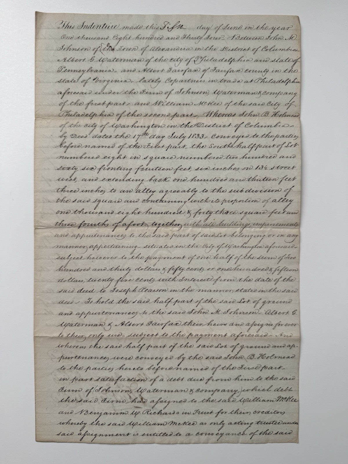 1834 Washington D.C. Indenture Signed By Fairfax And Waterman Early D.C. 
