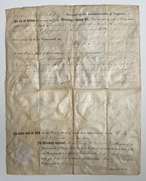 1820 Virginia Land Grant Signed By Governor Randolph