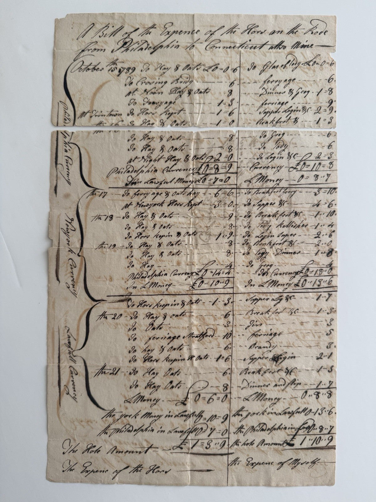 1789 Manuscript Travel Expense Philadelphia To Connecticut Horse And Ferriage 