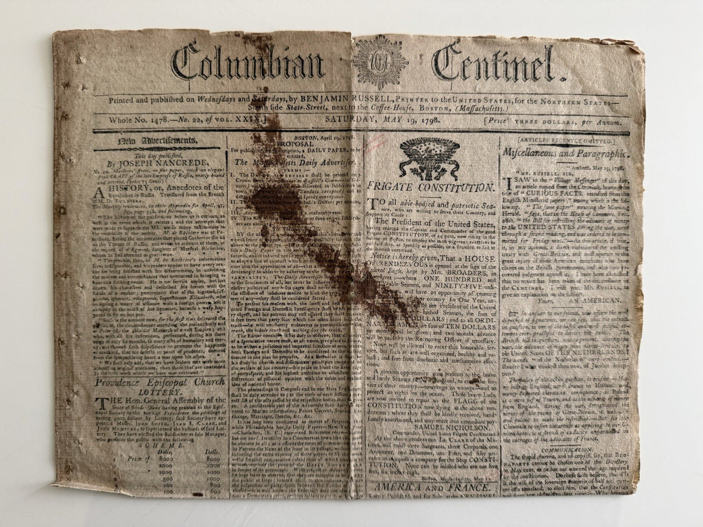 Complete Issue Of Columbian Centinal, Boston, May 18, 1798, Re USS Constitution 