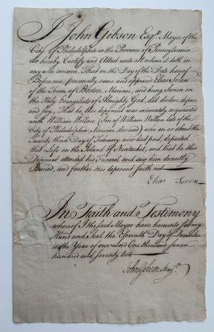 1772 Colonial Philadelphia Manuscript Signed By Mayor Gibson, Nantucket
