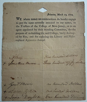 RARE 1802 PRINCETON SUBSCRIPTION DOCUMENT SIGNED BY AARON BURR AND OTHERS