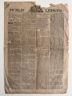 FIRST ISSUE! 1836 Public Ledger Newspaper – Philadelphia – Vol. I No. 1 – March 25, 1836 – Penny Press History