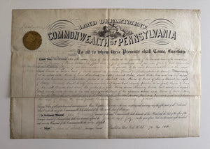 1873 Pennsylvania Land Patent Signed by Governor John F. Hartranft – Northumberland County – Gold Embossed State Seal