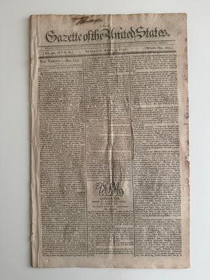 1791 GAZETTE OF THE UNITED STATES – John Fenno – Washington Administration – First Bank Debate – Philadelphia