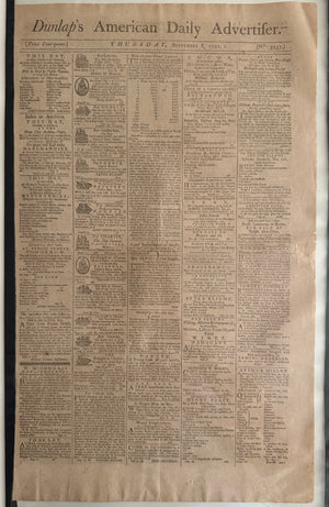 1791 DUNLAP'S AMERICAN DAILY ADVERTISER – COMPLETE ISSUE – John Dunlap, Printer of the Declaration of Independence – Washington Administration