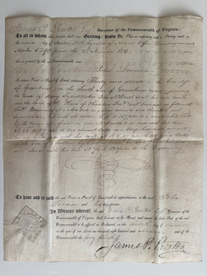 1819 Virginia Land Grant Signed by Governor James P. Preston – Greenbrier County (Now West Virginia) – Original Embossed Seal