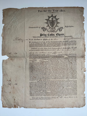 1801 Massachusetts Tax Broadside – Peleg Coffin Treasurer – Long Meadow – Early American Government Document