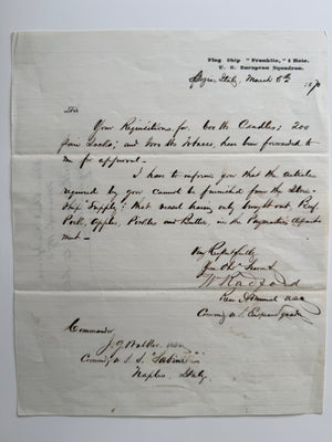 1870 Rear Admiral William Radford Autograph Letter Signed – USS Franklin Flagship Stationery – Civil War Admiral – European Squadron