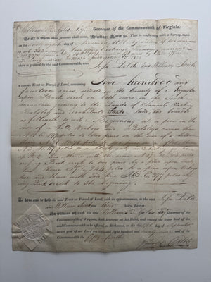 1829 Virginia Land Grant Signed by Governor William Branch Giles – Augusta County – 514 Acres – Paper Seal