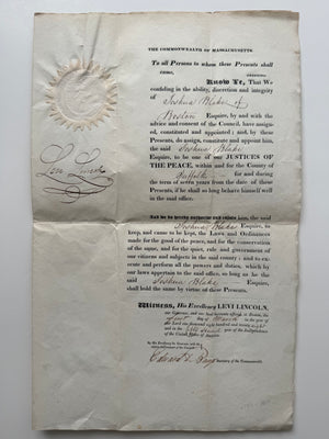 1828 Massachusetts Justice of the Peace Commission Signed by Governor Levi Lincoln Jr. – Large Embossed State Seal