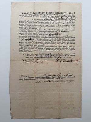 1834 Camden, Maine Church Pew Deed – First Congregational Meeting House – Pew No. 62 – George Pendleton