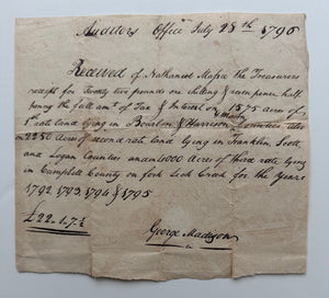 1796 George Madison Signed Kentucky Auditor's Receipt to Nathaniel Massie – Frontier Land Taxes – Future Governor of Kentucky