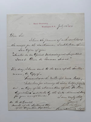 1878 Rear Admiral John Rodgers Autograph Letter Signed – U.S. Naval Observatory – Benjamin A. Gould – Smithsonian – Solar Eclipse