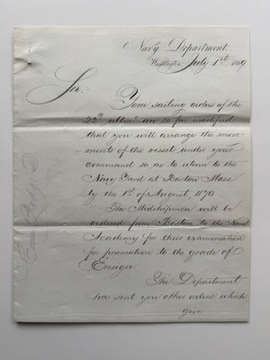 1869 U.S. Navy Department Letter Signed by Vice Admiral David Dixon Porter, Forwarded by Rear Admiral John Rodgers, to Commander John G. Walker – USS Sabine