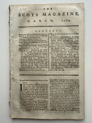 1784 THE SCOTS MAGAZINE – Complete March Issue – East India Company Packet Nancy Shipwreck – Ann Cargill – American Revolutionary War Era