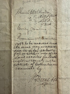 Rare 1823 District of Columbia Slave Deed of Trust – Purchase of Enslaved Boy "Anthony" – Charles H. W. Wharton & Henry Waring