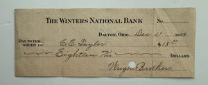 1909 WRIGHT BROTHERS CHECK to CHARLES E. TAYLOR — LORIN WRIGHT Signed — Flyer Engine Builder