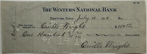 ORVILLE WRIGHT — Exceptional Triple-Signed $100 Check, July 14, 1914 — Winters National Bank, Dayton, Ohio