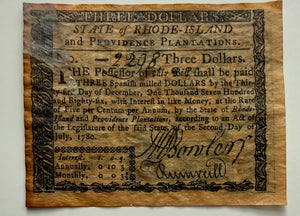 1780 Rhode Island Three Dollar Colonial Currency — Historic Facsimile