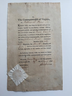 JAMES MONROE SIGNED 1801 VIRGINIA MILITIA COMMISSION — GOVERNOR OF VIRGINIA — ORIGINAL COMMONWEALTH SEAL
