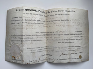 JAMES MONROE SIGNED 1820 PRESIDENTIAL LAND PATENT — ALABAMA — 159.5 ACRES — ORIGINAL GENERAL LAND OFFICE SEAL