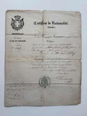 1850 KINGDOM OF SARDINIA NATIONALITY CERTIFICATE — LYON CONSULATE — SARDINIAN ROYAL ARMS — CONSUL ANDRÉ D'ANDREIS