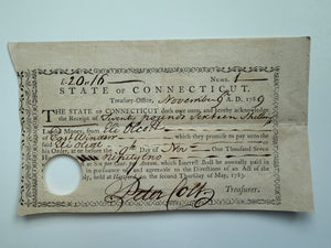 1789 Connecticut State Treasury Certificate — No. 1 — Signed by Eli Colt of East Windsor — Early American State Finance & Possible Colt Family Association