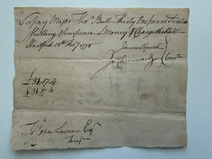 1778 REVOLUTIONARY WAR PAYMENT ORDER — JOHN LAWRENCE, CONNECTICUT TREASURER — MAJOR THOMAS BULL