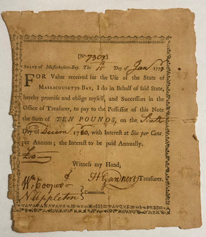 1779 Massachusetts-Bay Revolutionary War Ten-Pound Treasury Note — Signed by Henry Gardner, William Cooper and Nathaniel Appleton