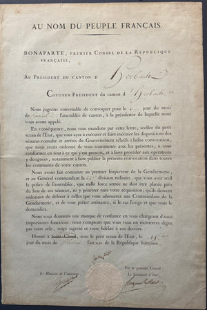 NAPOLEON BONAPARTE — 1803,1804 CANTON ASSEMBLY SUMMONS WITH EMBOSSED REPUBLIC SEAL