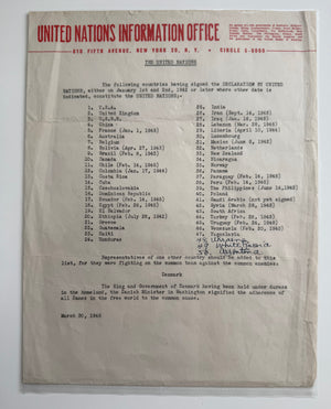 March 30, 1945 United Nations Information Office Press Release—Pre-Charter List of Allied Nations